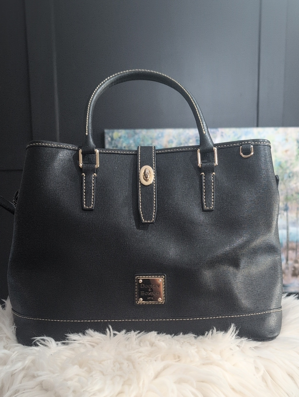 Dooney & Bourke Black Leather Tote with Contrast Stitching
